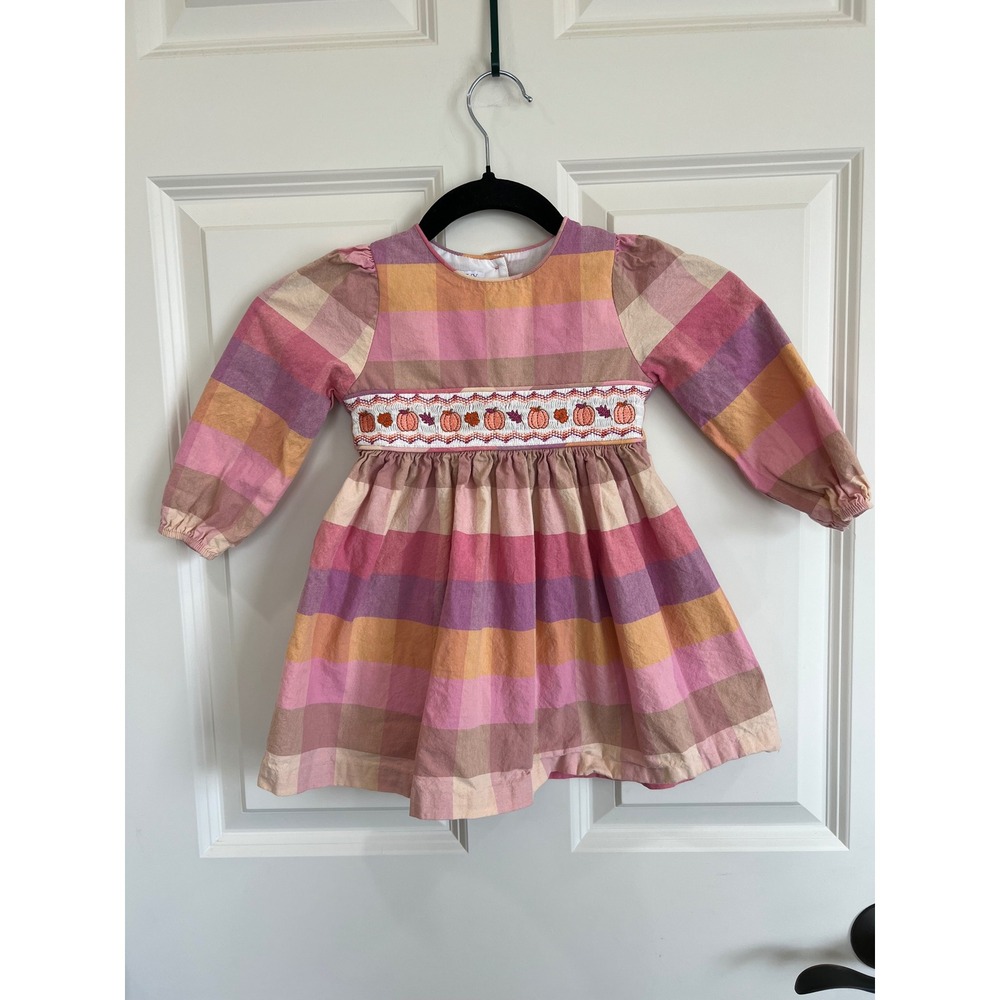 Iris & Ivy Pastel Buffalo Check Smocked Autumn Dress Pumpkins Leaves Size 24 Mo.